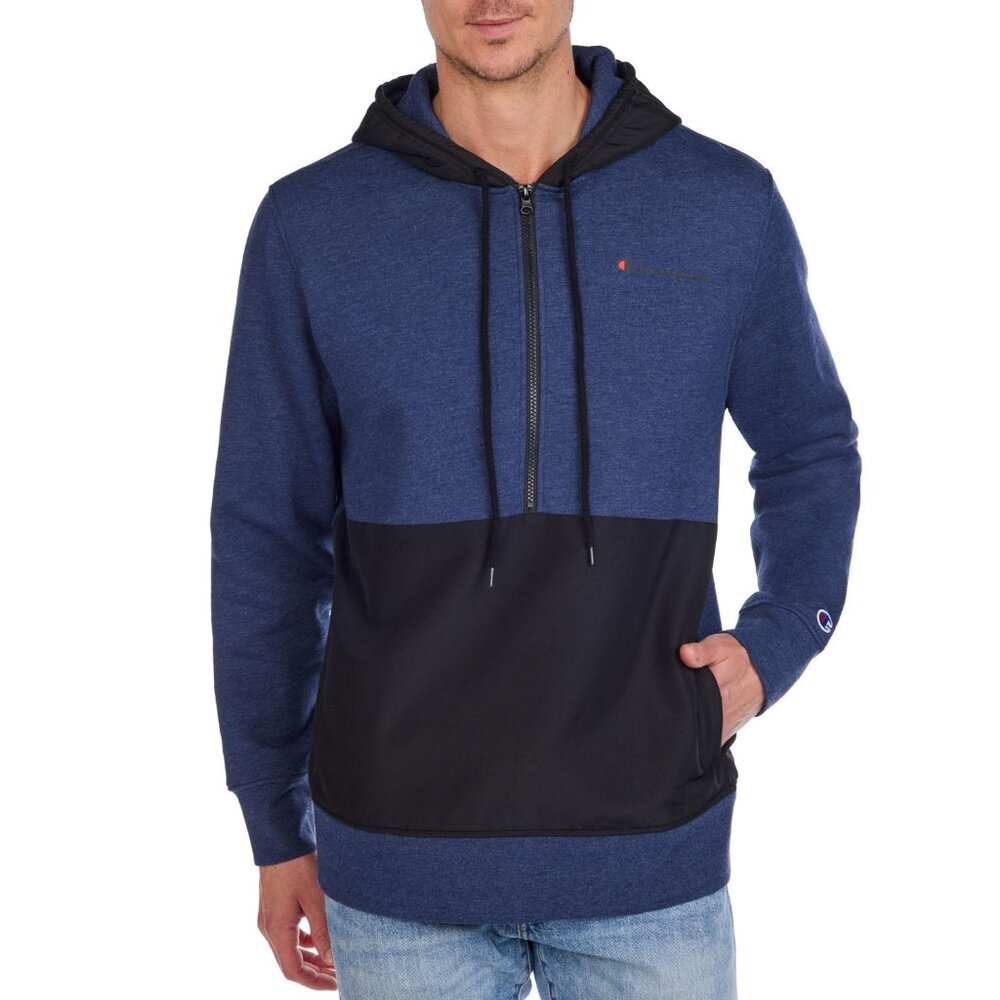Champion Men's Half Zip Fleece Woven-Mix Hoodie & Jogger (Athletic Navy Heather)